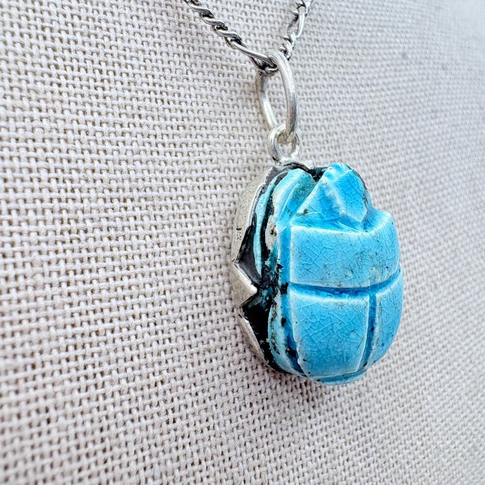 Turquoise Carved Scarab Pendant Necklace Sterling Silver 925 Size 15.5" Length - Picture 2 of 16